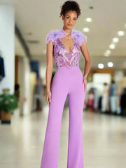 Women Sleeveless Sequins Feathers Lavender Jumpsuit