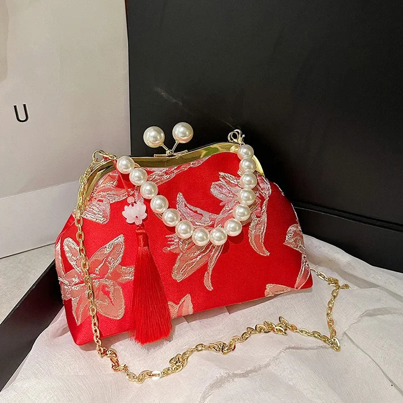 Embroidery Beaded Chain Crossbody Bag