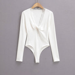 Spliced Lace Bow V neck Jersey Long Sleeve Bodysuit