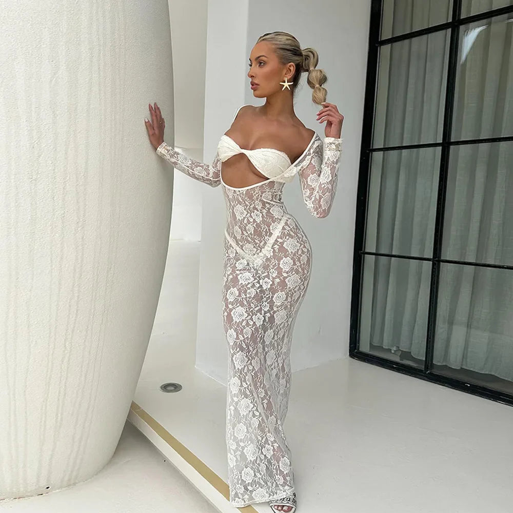 Perspective Lace Hollow Out Bodycon Maxi Dress
