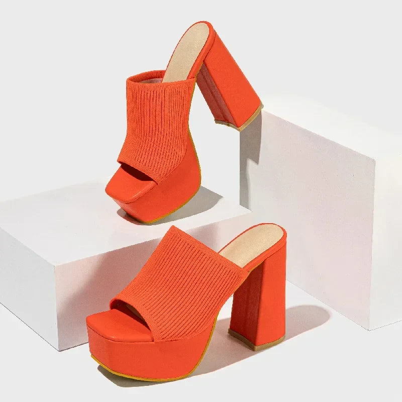 Stretch Fabric Square Toe Platform High Heels Sandals