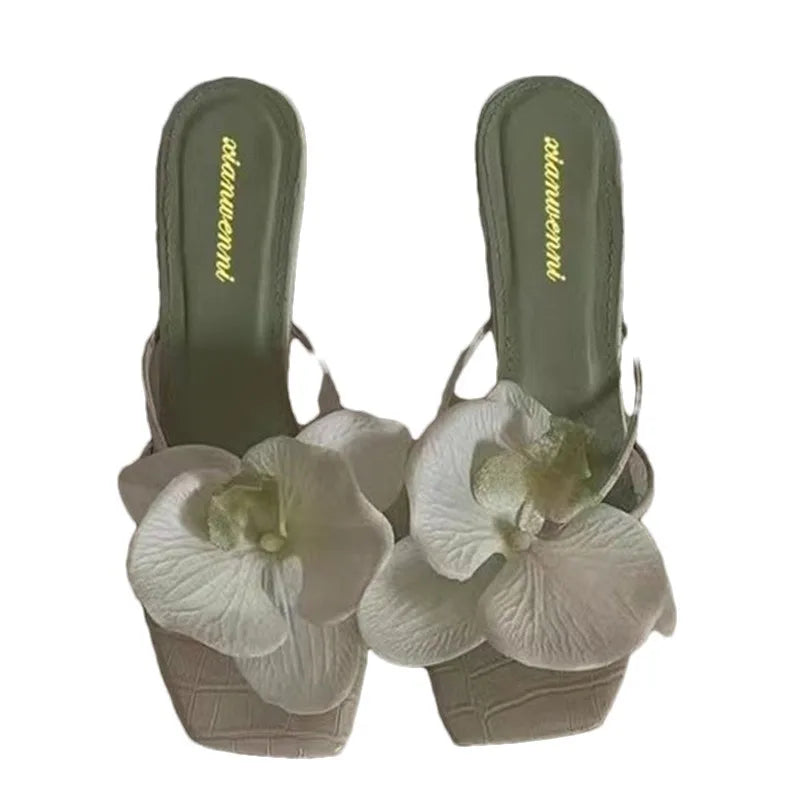 3D Flower High Heels Square Toe Shoes