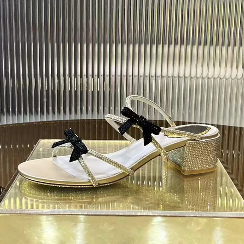 Square Heels Crystal Butterfly-knot Party Shoes