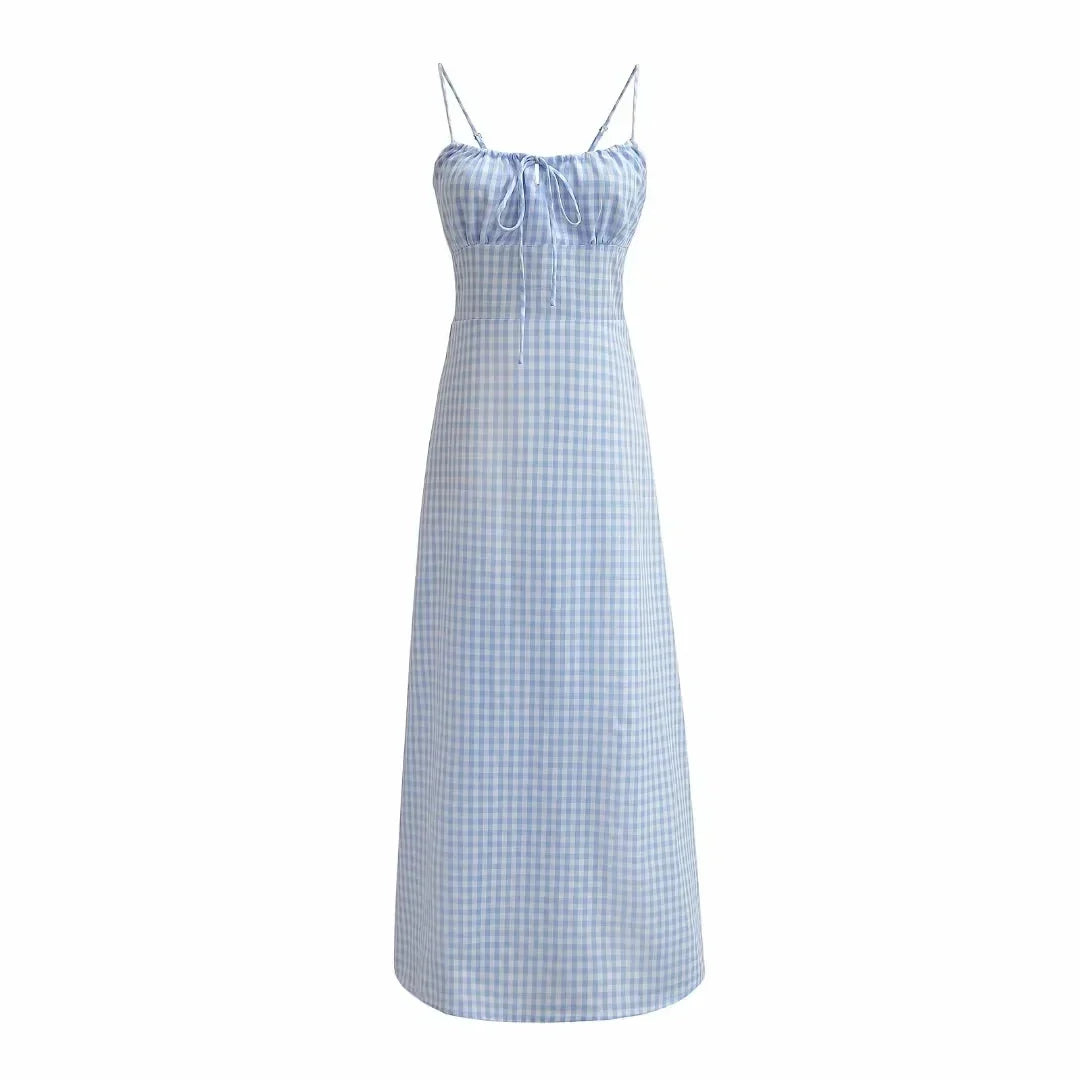 Spaghetti Strap Tie Up Plaid Pink Midi Dress