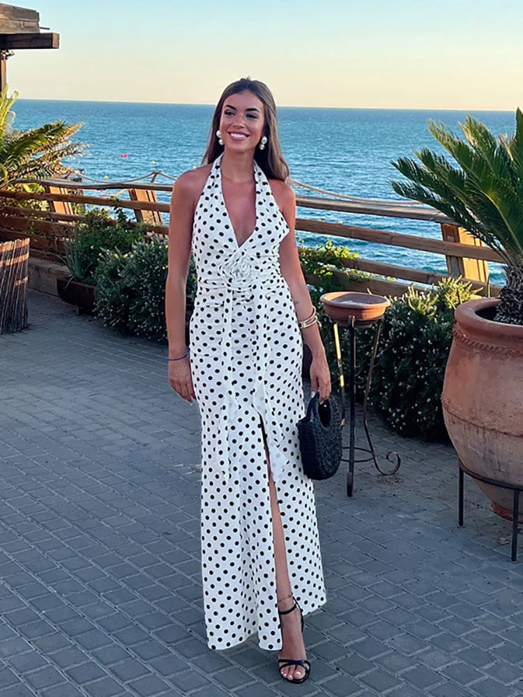 3D Flowers Polka Dot Print Backless Dress