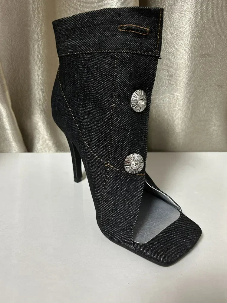 Denim Slim High Heel Button Sandals