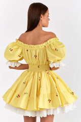 Print Puff Sleeve Ruffles Lace-up  Mini Dress