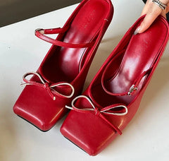 Butterfly-Knot Square Toe Pumps â€?Chic Thin Heeled Shoes for Women