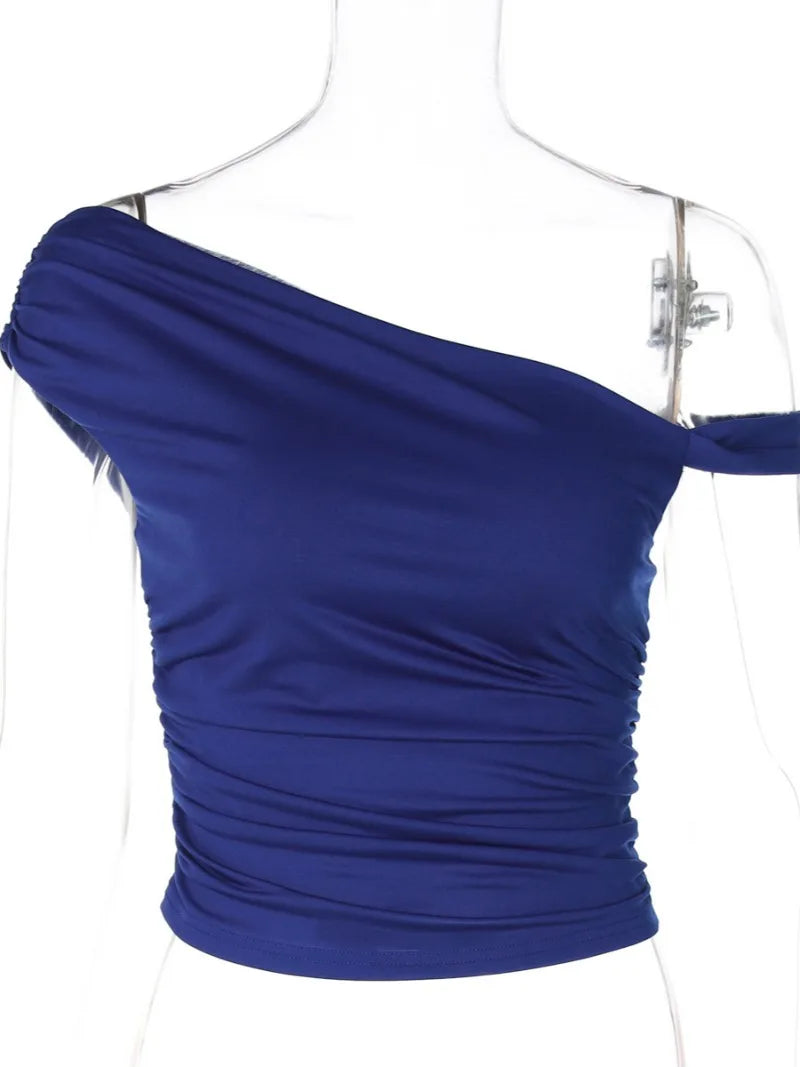 Diagonal Collar One Shoulder Asymmetrical Crop Tops