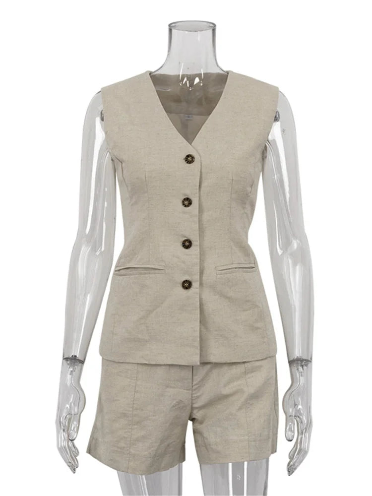 Lace-Up Sleeveless Top and High Waist Shorts Set