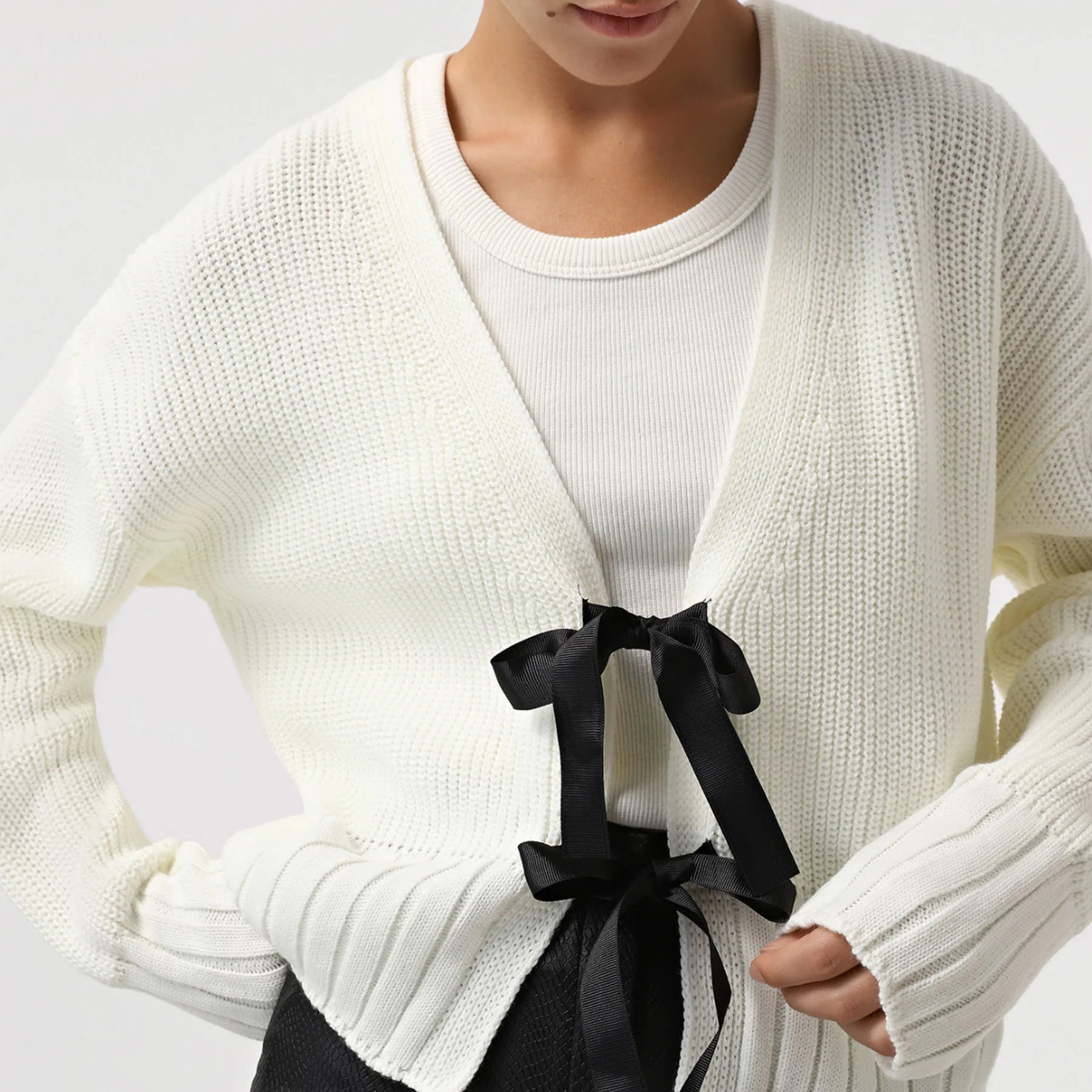 Tee Bow Hollow Out Ribbed Patchwork Cardigan