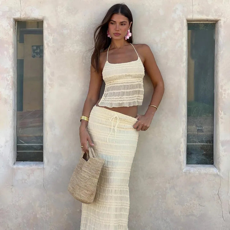 Chiffon Skirt Suit Spaghetti Strap Top and Long Skirt