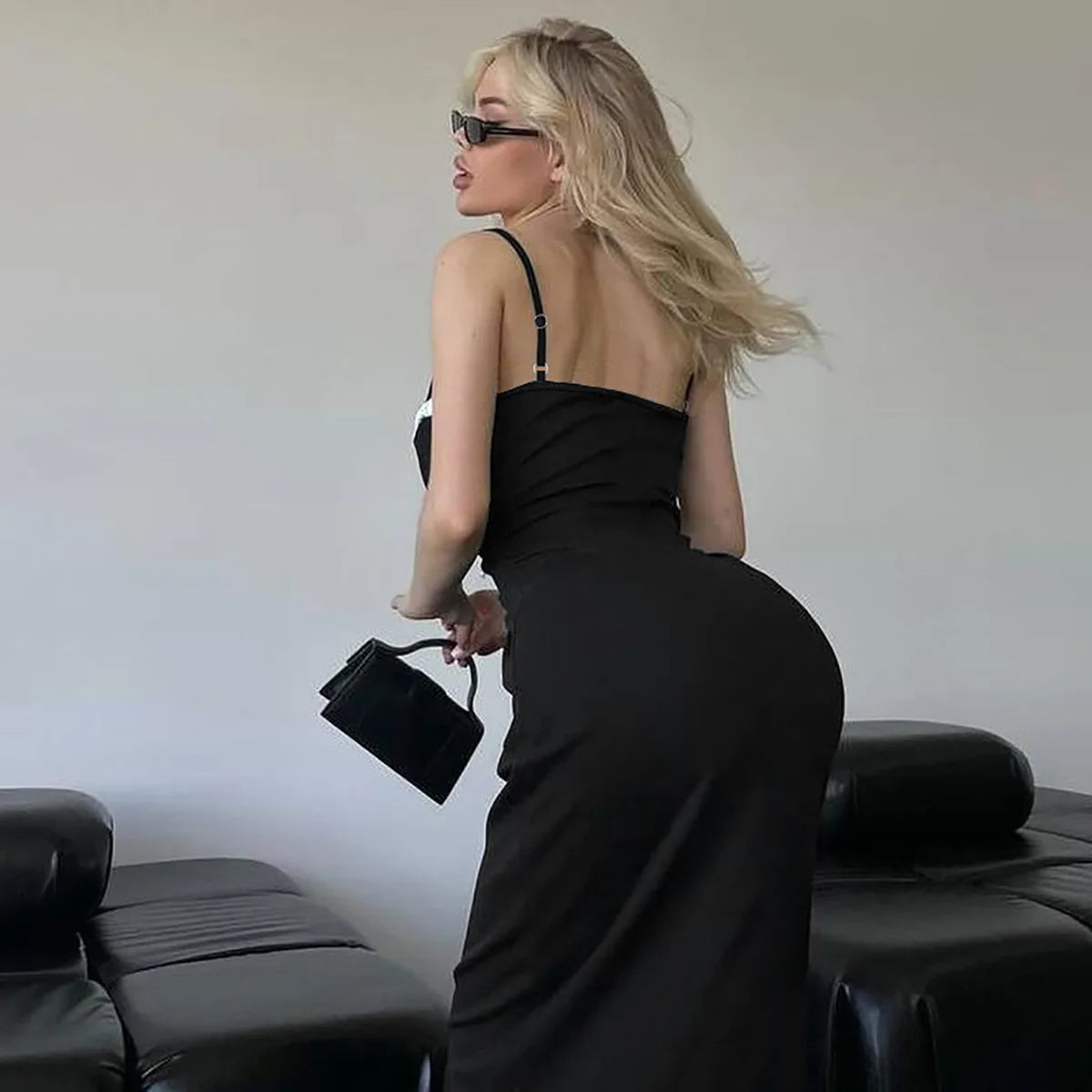 Open Back Lace Patchwork Black Maxi Dress