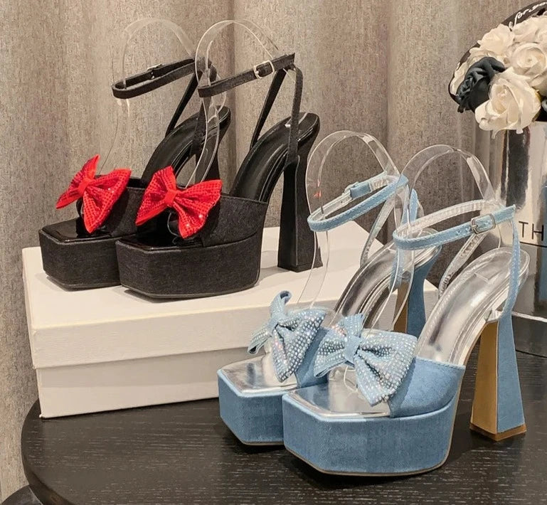Denim Square Toe Butterfly-Knot Platform Chain Buckle Strap Shoes
