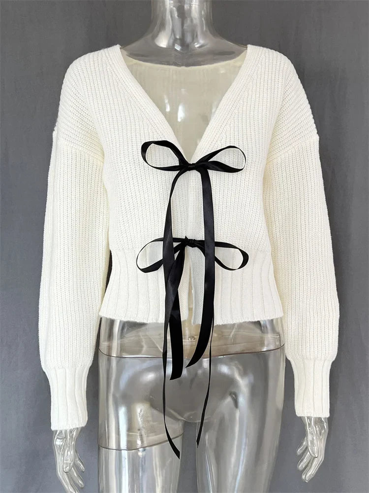 Tee Bow Hollow Out Ribbed Patchwork Cardigan