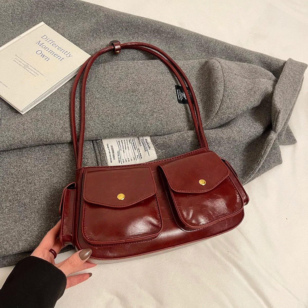 Faux Leather Small Double Pockets Underarm Bags
