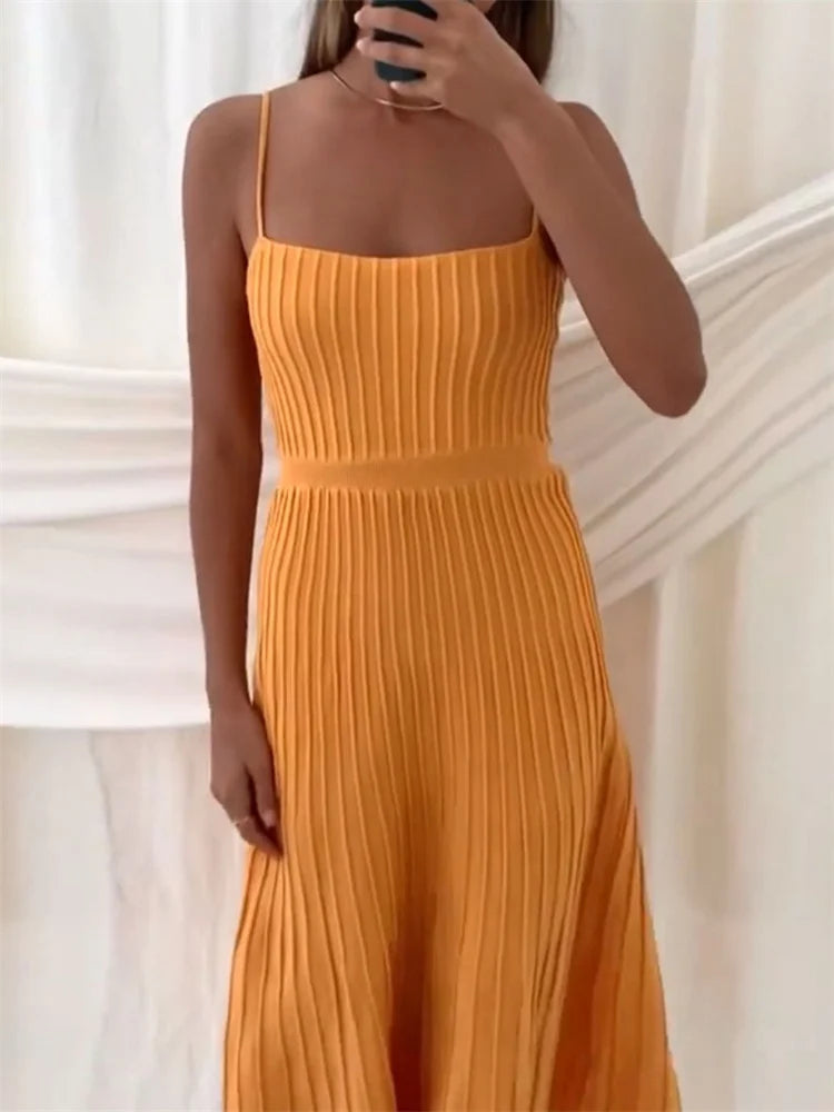 Solid Open Back Ribbed Stretch Knit Midi Dress