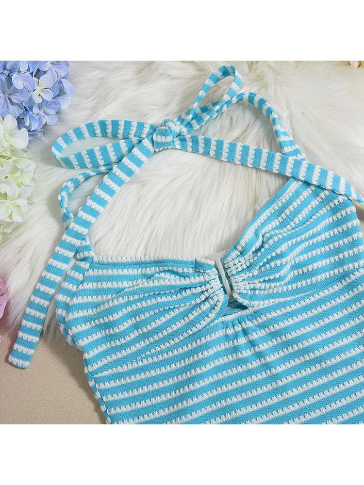 Color-Block Striped Knit Shorts and Crop Halter Top Set