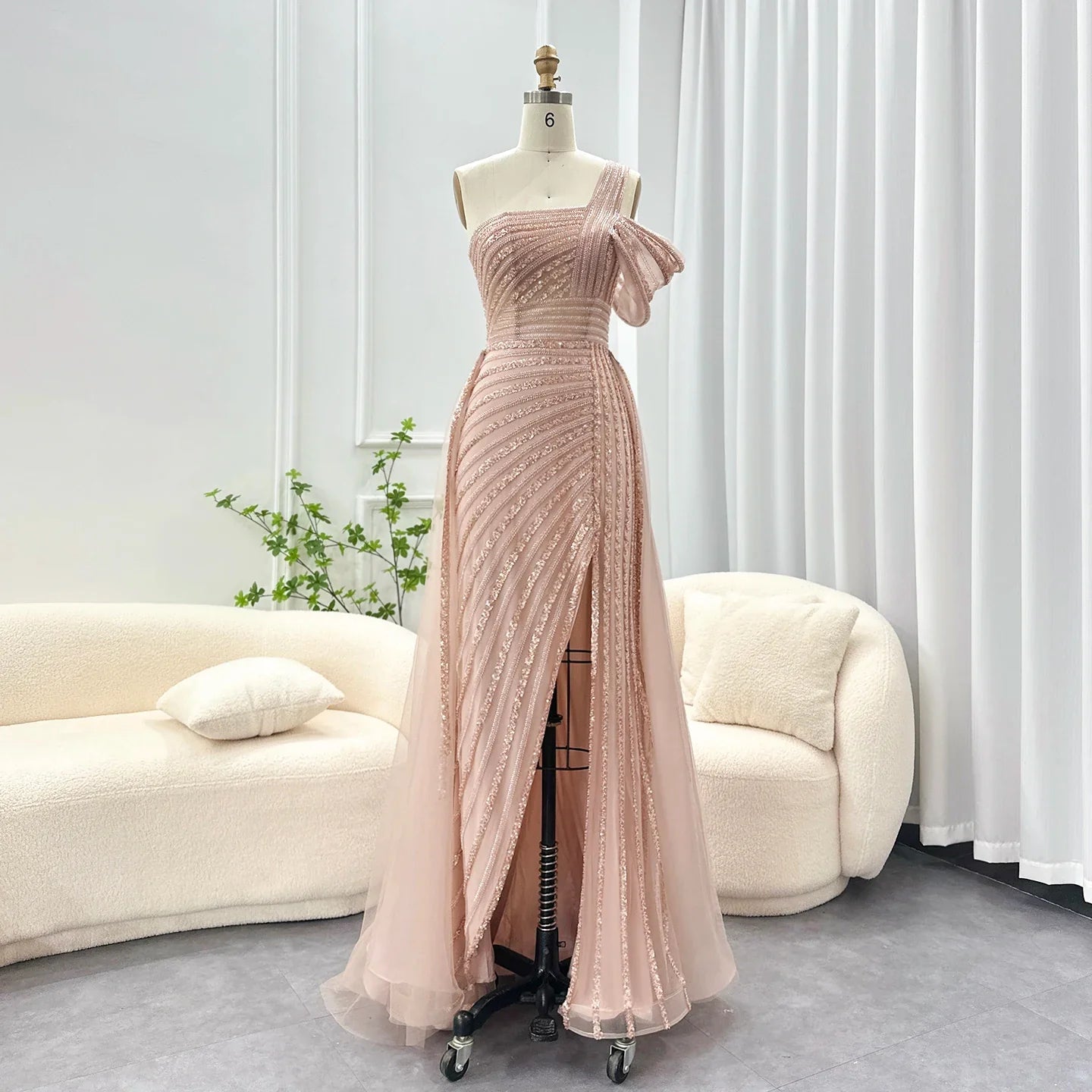 Sage Green One-Shoulder Evening Gown with Overskirt