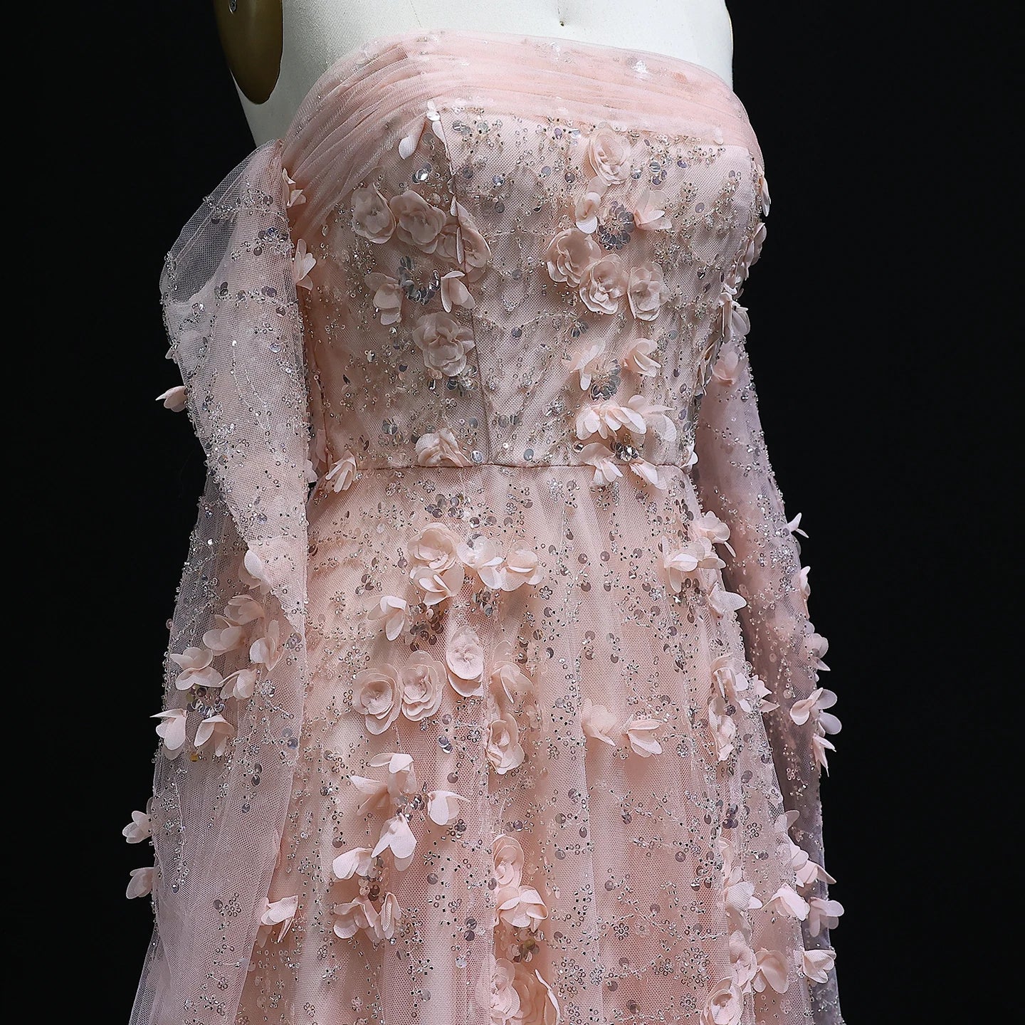 3D Flowers Strapless Evening Dress with Long Sleeves