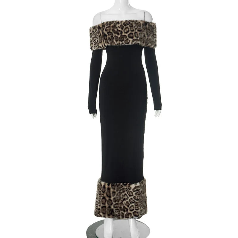 Leopard Print Fluff Splicing Maxi Dress