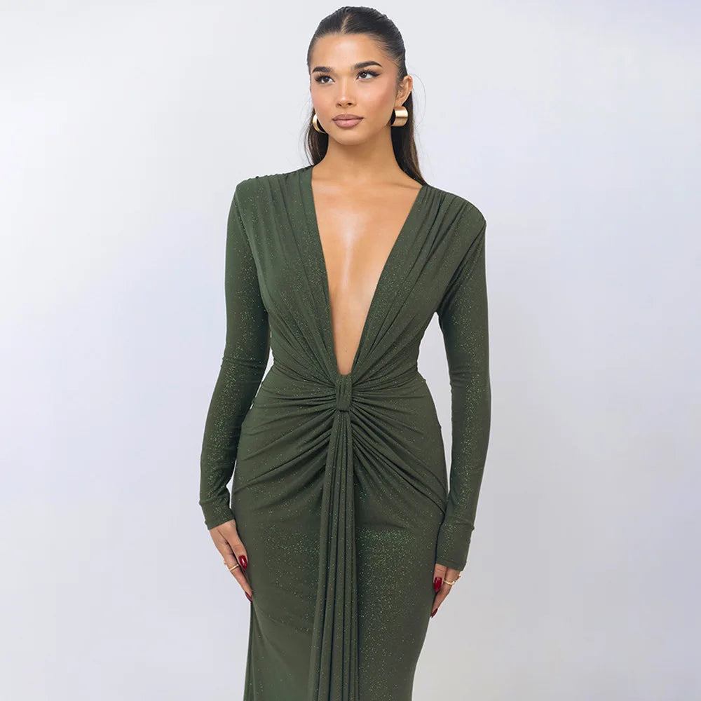 Elastic Deep V-Fold Lace Maxi Dress