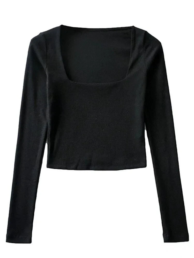 Women Long Sleeves Cotton Ribbed Square Neck Crop Top