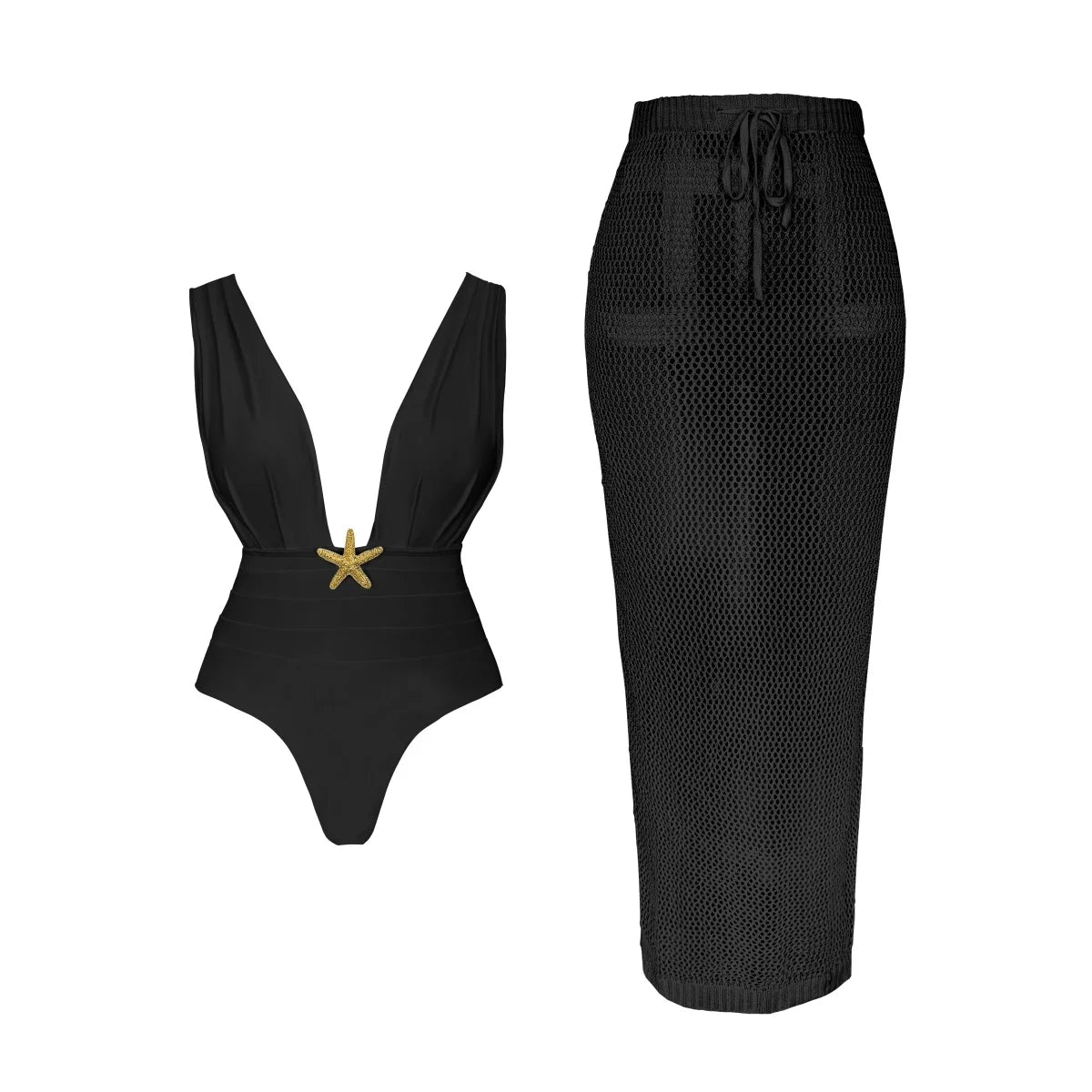 2Pcs Deep V One Piece Swimsuit Shiny Star Bikini