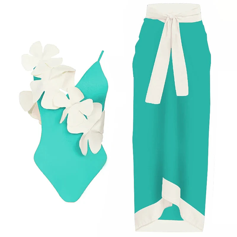 One Piece Floral Lace Up Ruffle Swimming Suit