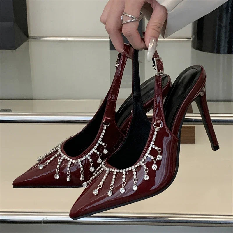 Crystal Tassel Buckle Strap Thin High Heels Shoes