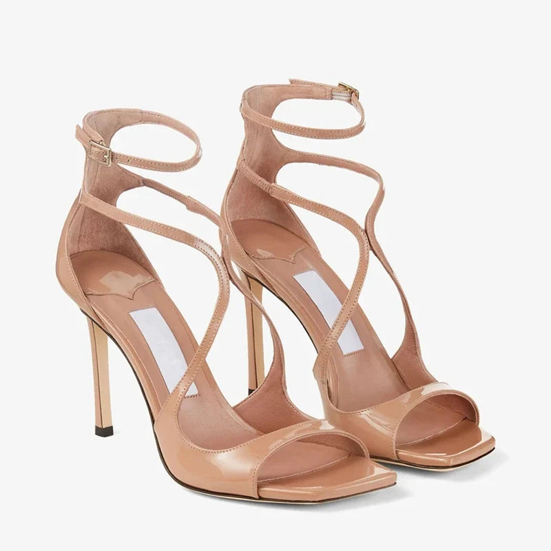 Open Toe Cross Button Elastic Belt Thin High Heel Fish Mouth Sandals