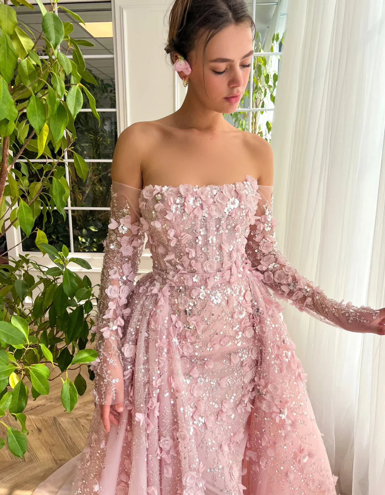 3D Flowers Evening Dress with Overskirt Long Sleeves