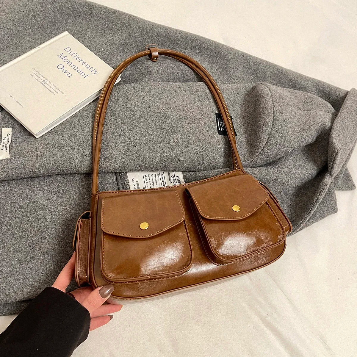 Faux Leather Small Double Pockets Underarm Bags