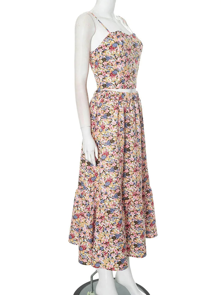 Floral Print Tank Top Long Skirt Two Piece Set