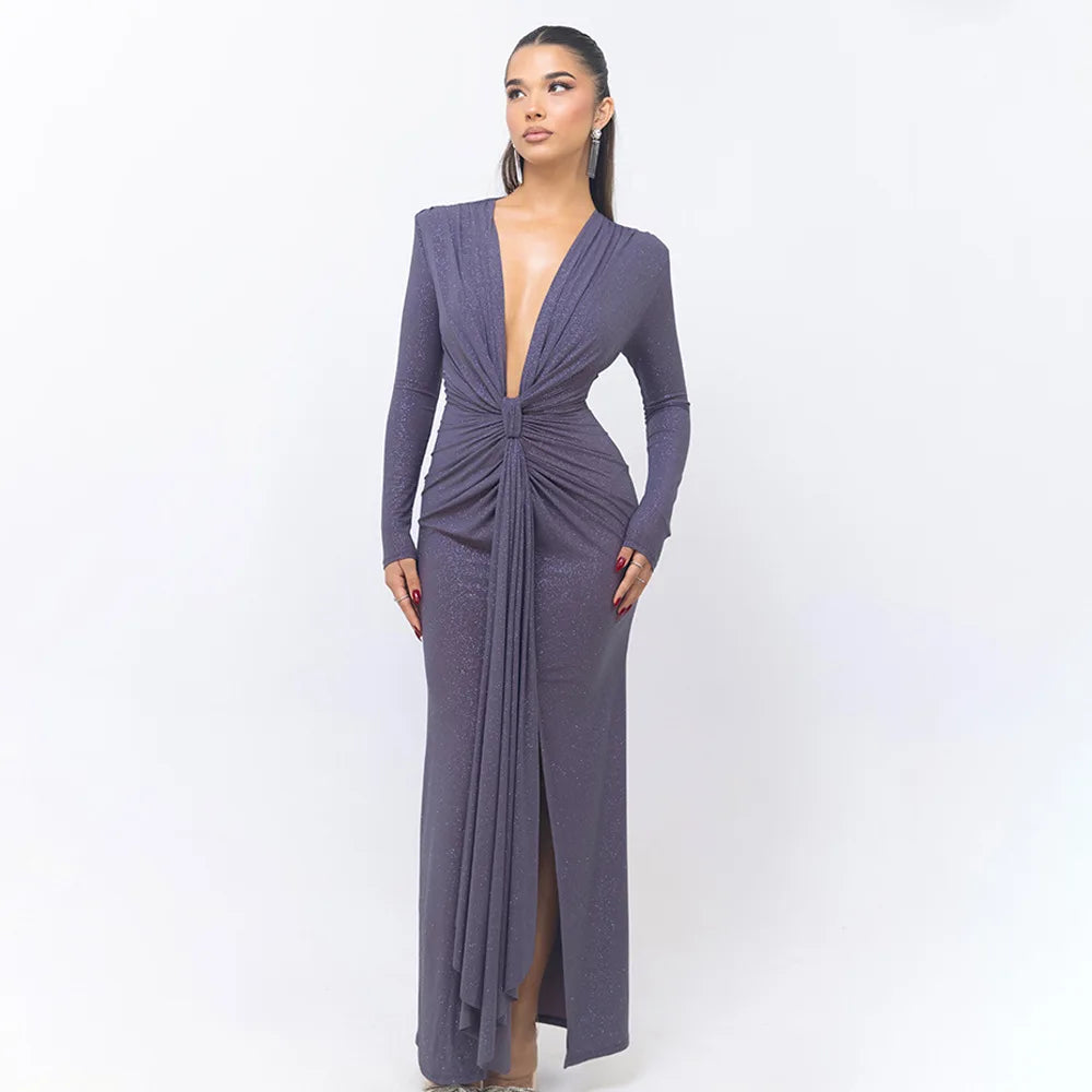 Elastic Deep V-Fold Lace Maxi Dress