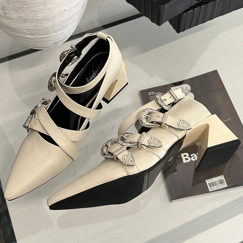 Ankle Buckle Pumps Pointed Toe Square Heels Shoes