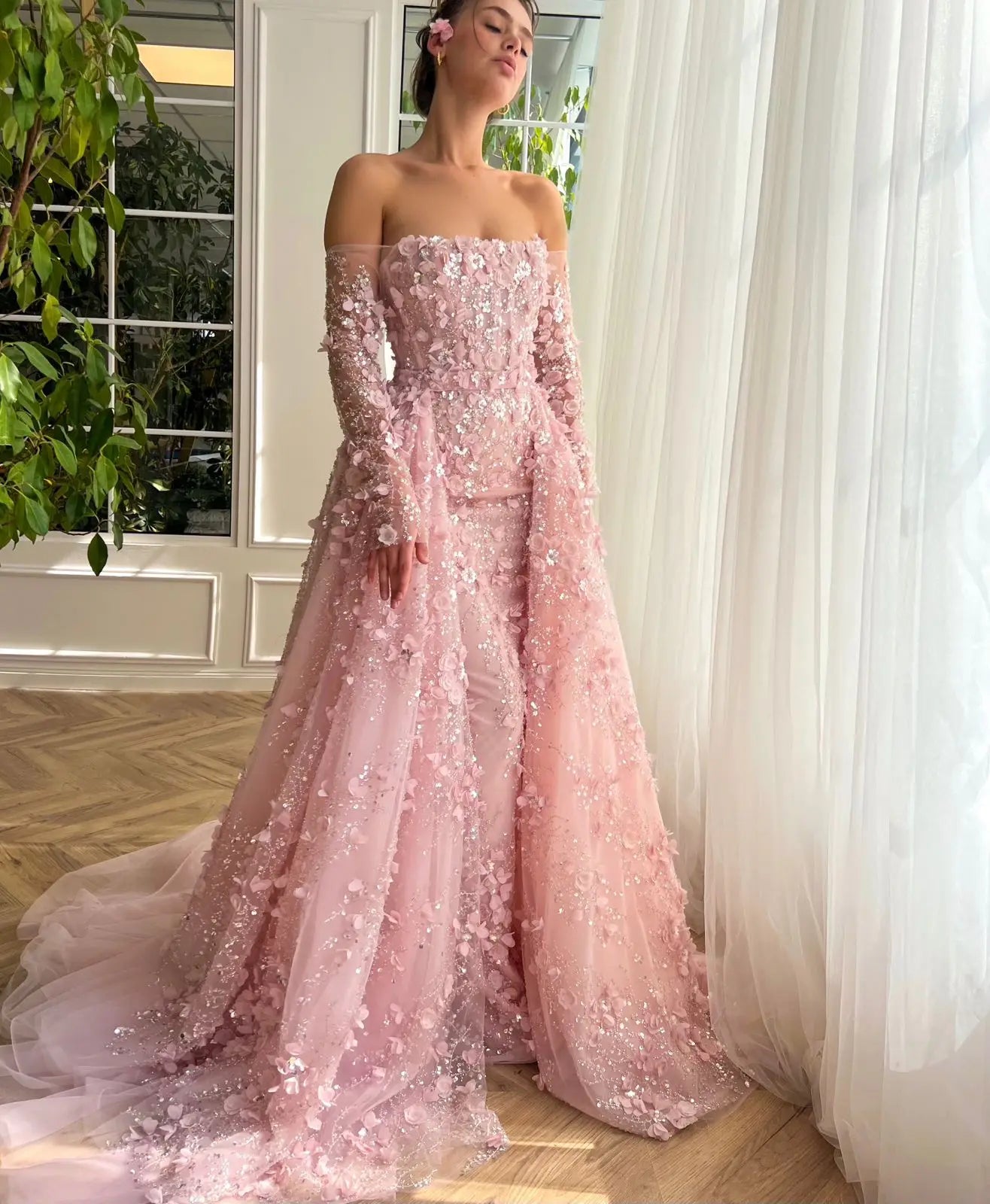 3D Flowers Evening Dress with Overskirt Long Sleeves