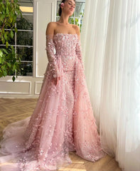 3D Flowers Evening Dress with Overskirt Long Sleeves