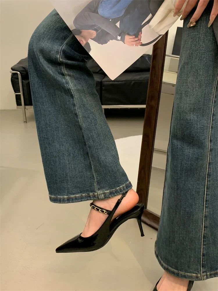 Rivet Pointed Toe Pumps Buckle Strap Thin Heels Shoes