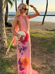 Printed Deep V With Scarf Open Back Dress