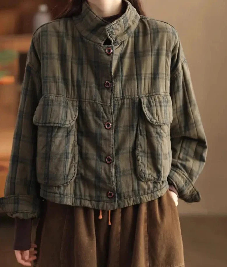 Vintage Cotton Linen Plaid Quilted Jacket