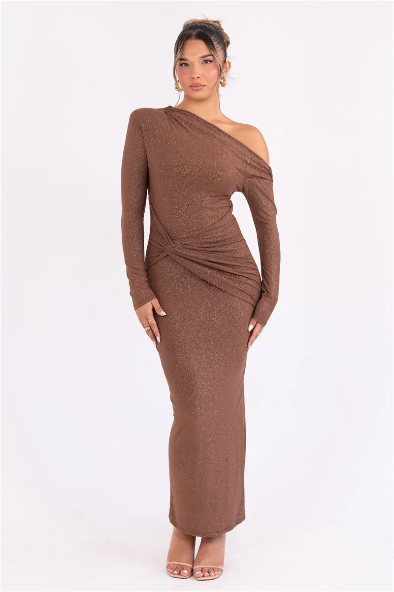Long Sleeve Inclined Shoulder Maxi Dress