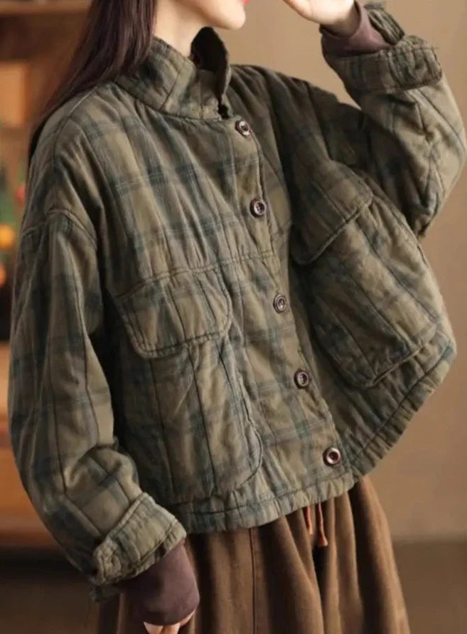 Vintage Cotton Linen Plaid Quilted Jacket