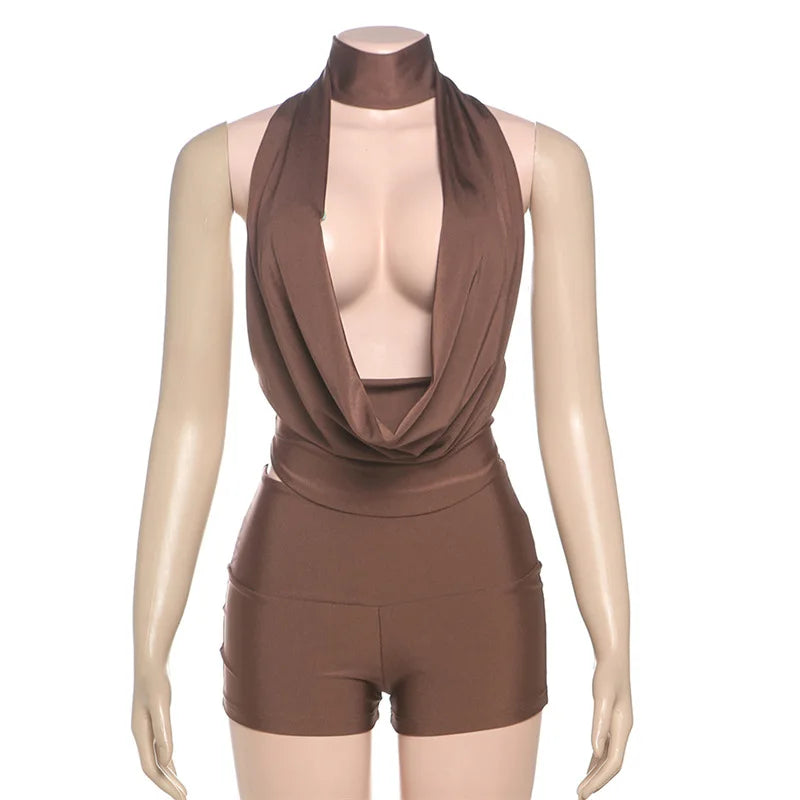 Halter Draped Lace Up Top and Mini Short