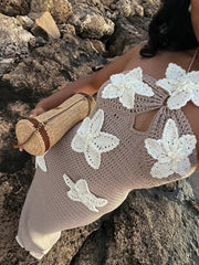 Knit Crochet Flower Applique Halter Maxi Dress