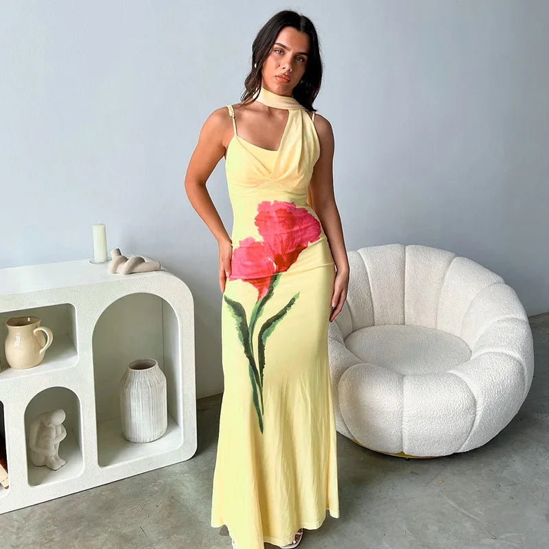 Print Yellow Spaghetti Strap Long Dress