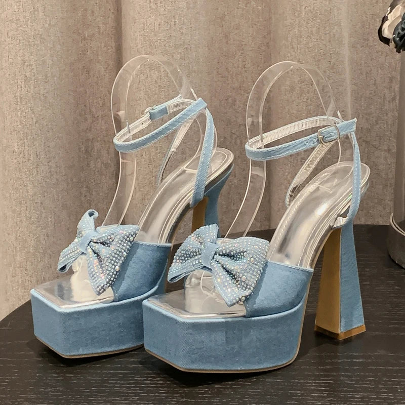 Denim Square Toe Butterfly-Knot Platform Chain Buckle Strap Shoes