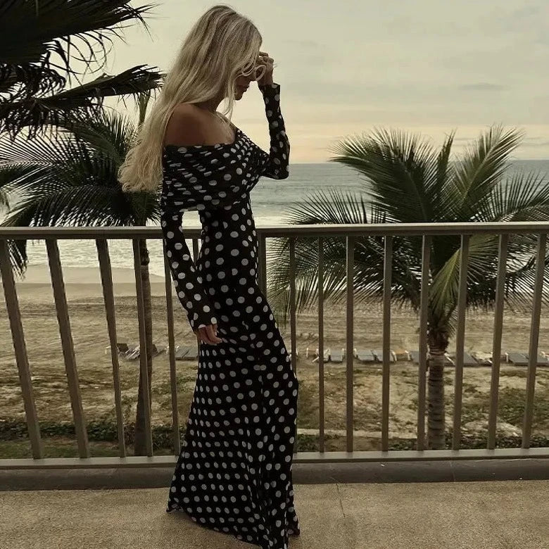 Polka Dots Off Shoulder Long Sleeves Maxi Dress