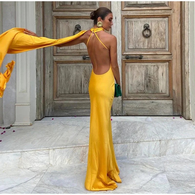 Yellow Satin Backless Lace-Up Off-Shoulder Maxi Dress