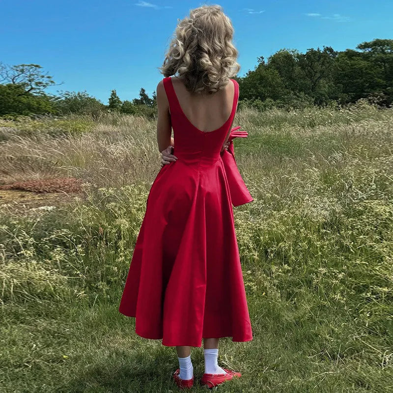 Straight Neck Sleeveless Flare Midi Dress
